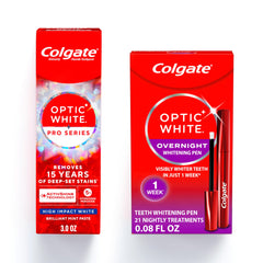 Colgate frente del empaque mostrando el kit y beneficio de blanqueo nocturno