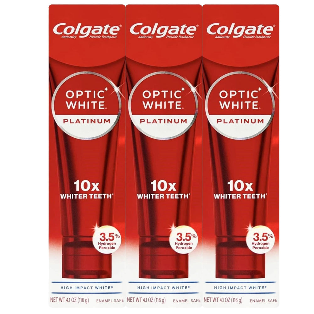 Colgate Optic White vista frontal del paquete mostrando 3 tubos y beneficio blanqueador
