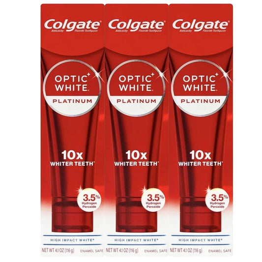 Colgate Optic White vista frontal del paquete mostrando 3 tubos y beneficio blanqueador