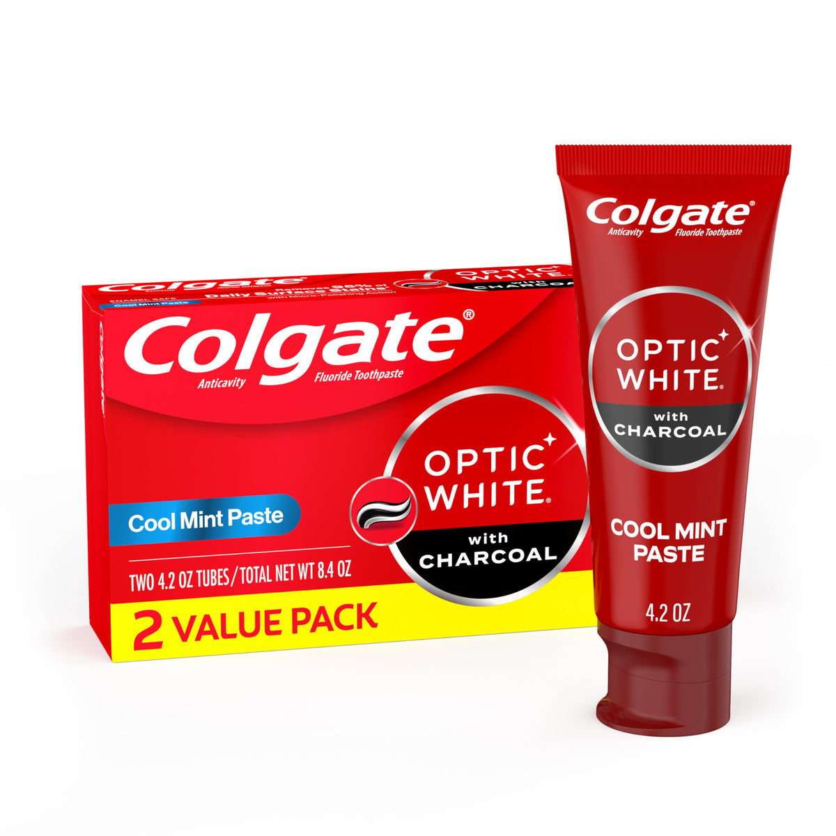 Colgate Optic White frente del envase mostrando pack y beneficio de blanqueado