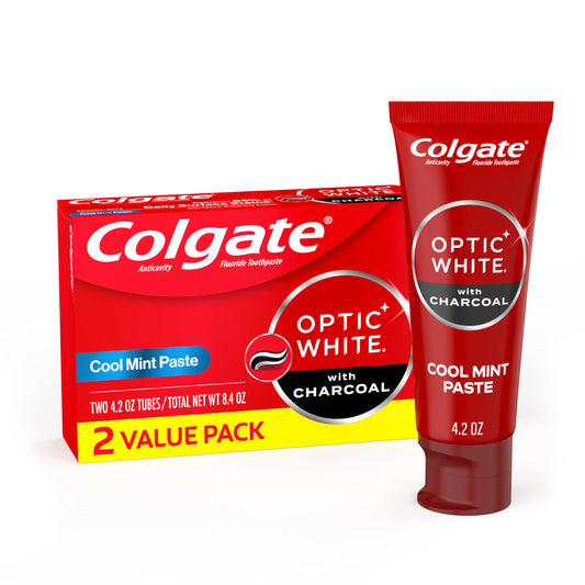 Colgate Optic White frente del envase mostrando pack y beneficio de blanqueado