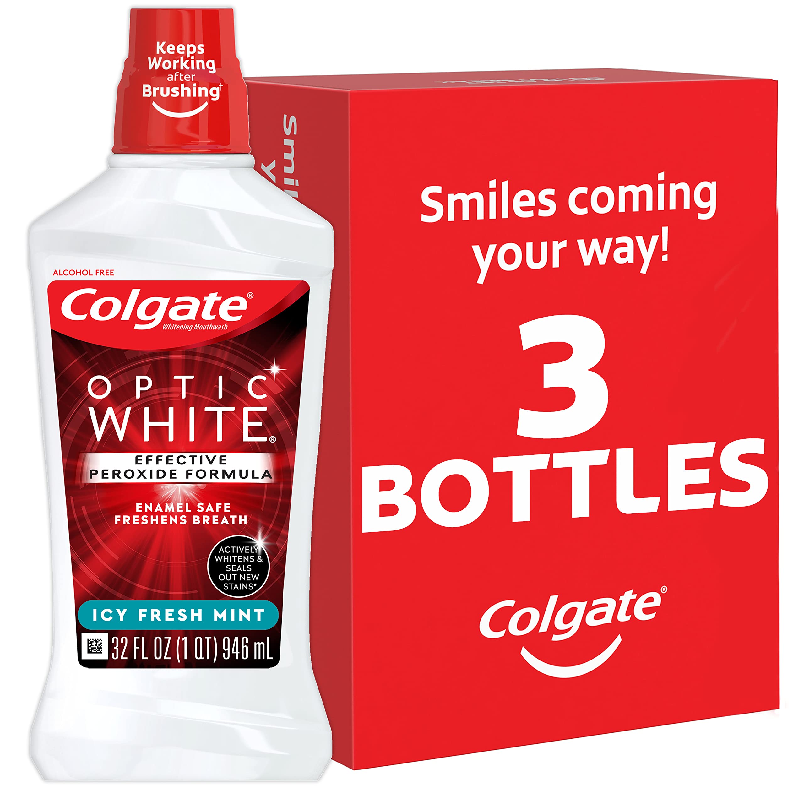 Colgate Optic White vista frontal botella 32 oz beneficios blanqueo