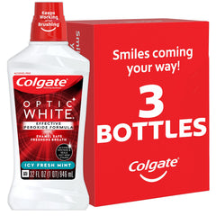 Colgate Optic White vista frontal botella 32 oz beneficios blanqueo