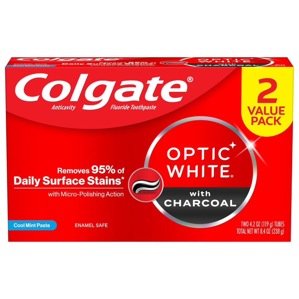 Colgate Optic White primer plano de ingredientes como carbón y micro-polidores