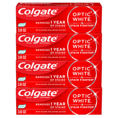Colgate mostrando paquete frontal y beneficio blanqueador