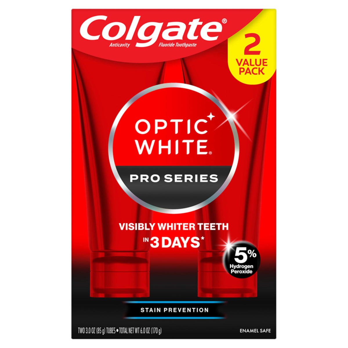 Colgate Optic White Pro Series vista frontal mostrando pack doble y beneficio blanqueador