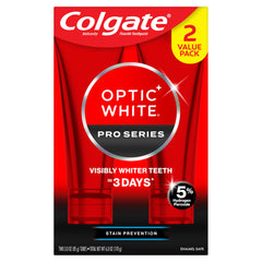 Colgate Optic White Pro Series vista frontal mostrando pack doble y beneficio blanqueador
