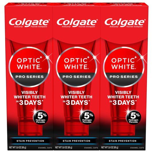 Colgate Optic White Pro Series frente del empaque mostrando pack de tres tubos y beneficio blanqueador
