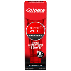 Colgate tubo frontal que muestra marca y beneficio blanqueador