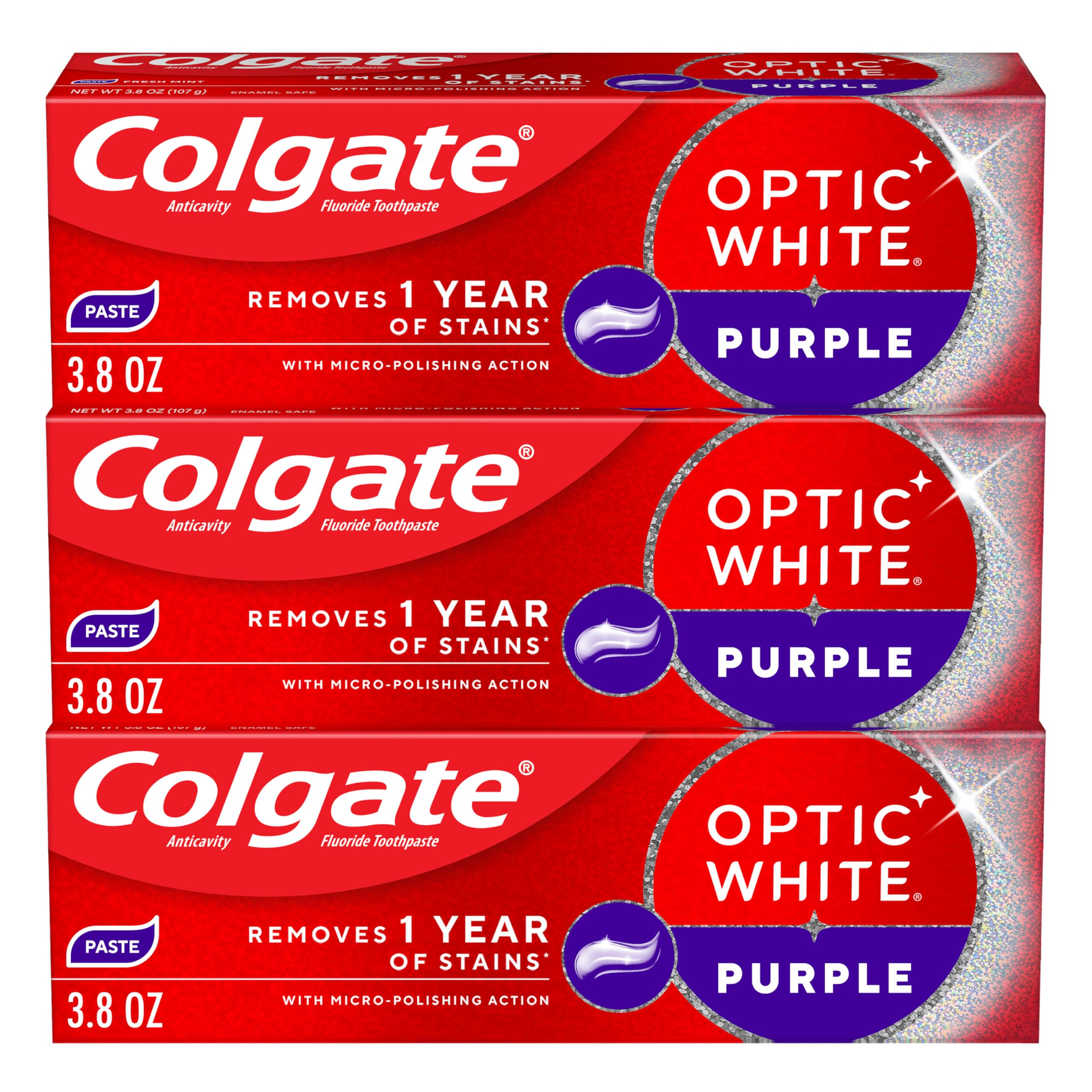 Colgate Optic White Purple frontal mostrando tres tubos y beneficio blanqueador