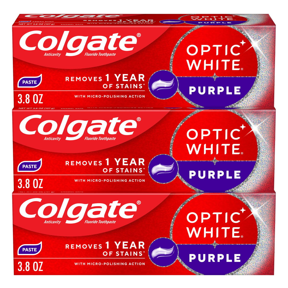 Colgate Optic White Purple frontal mostrando tres tubos y beneficio blanqueador