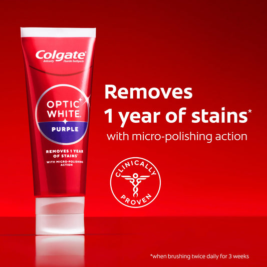 Colgate Optic White Purple detalle del tubo y beneficio de fácil uso