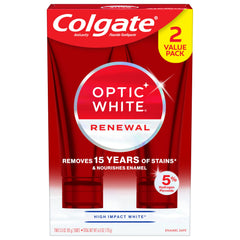 Colgate Optic White Renewal imagen antes y después ilustrando reducción de manchas