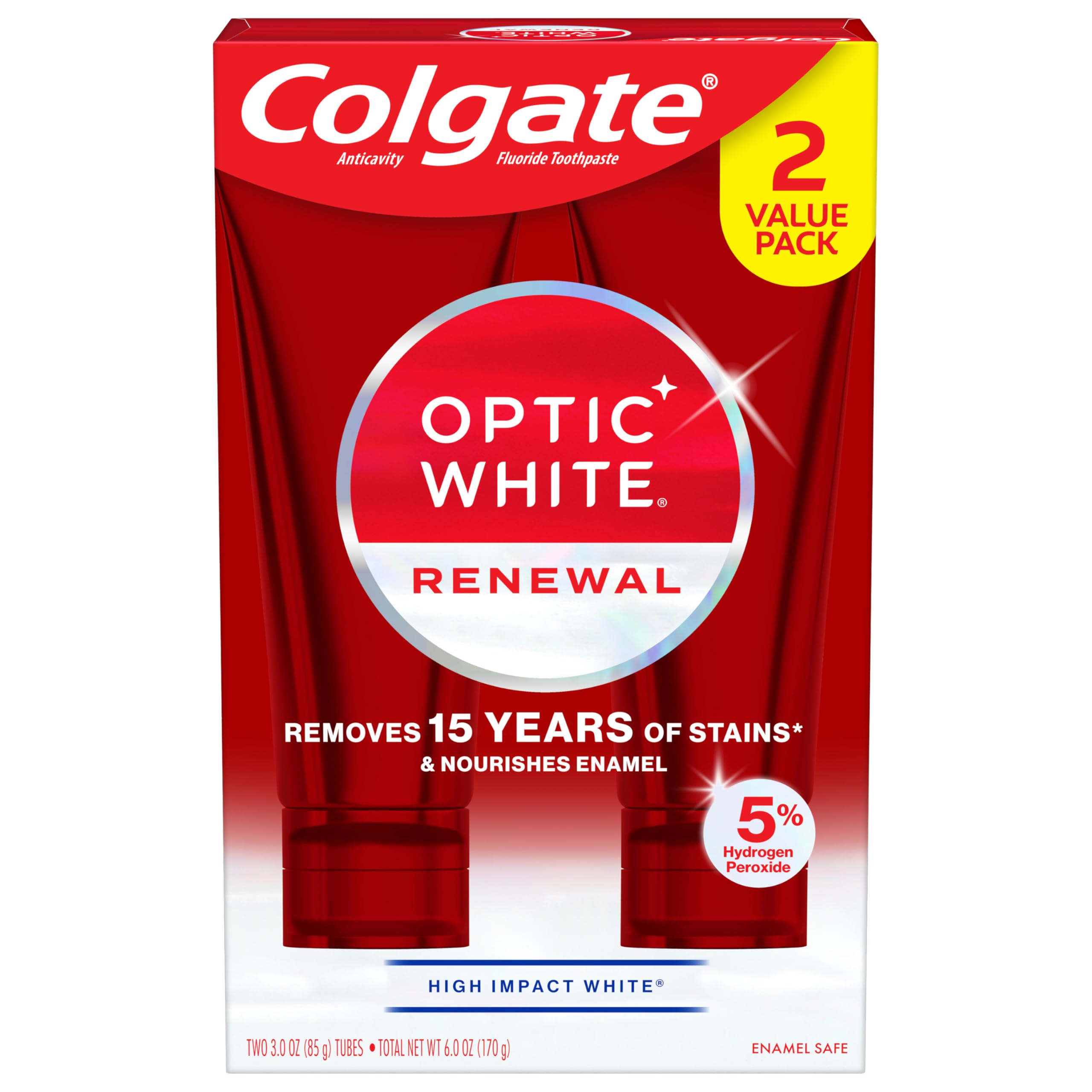 Colgate Optic White Renewal frente del empaque mostrando beneficio blanqueador