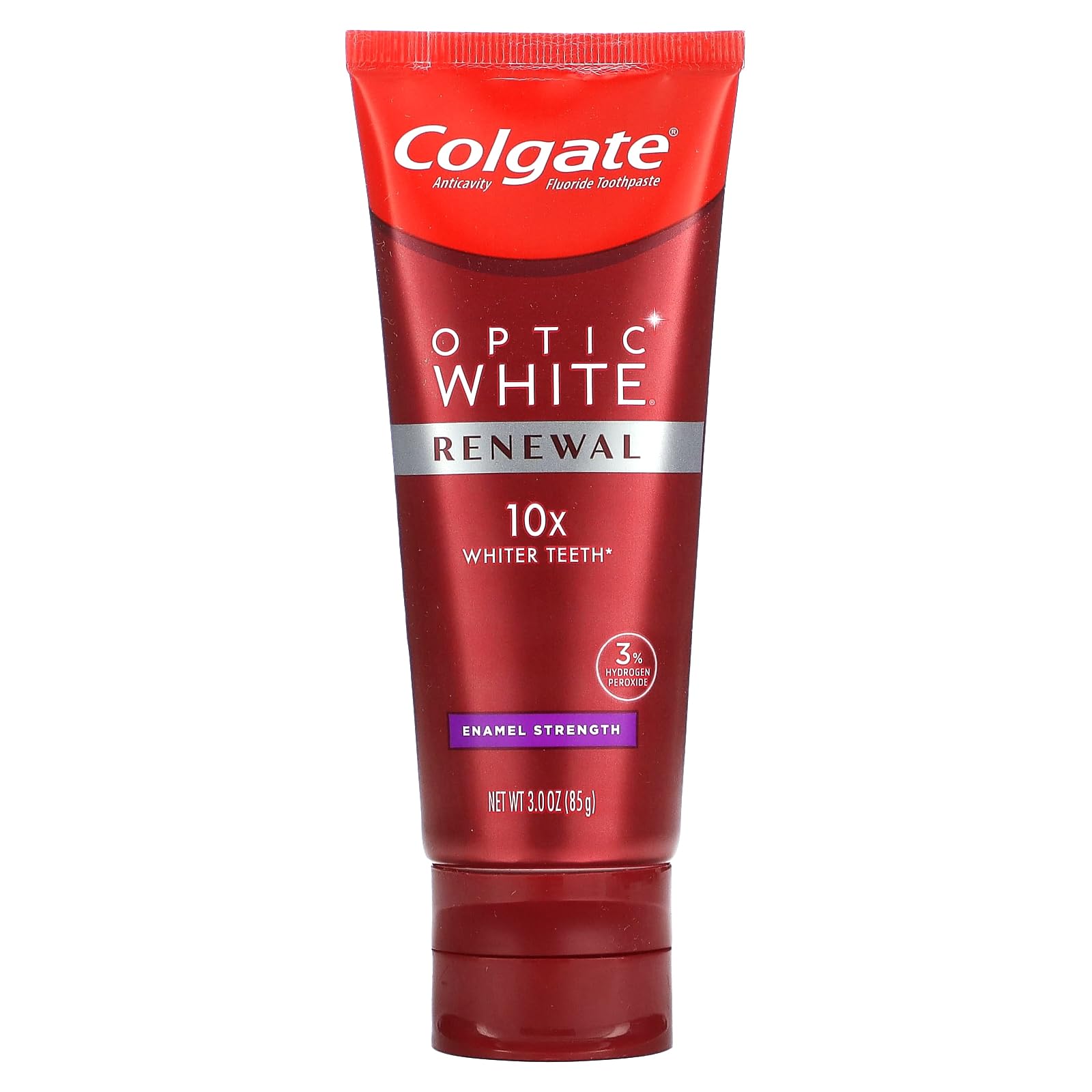 Colgate Optic White Renewal frente del tubo muestra etiqueta y beneficio blanqueador