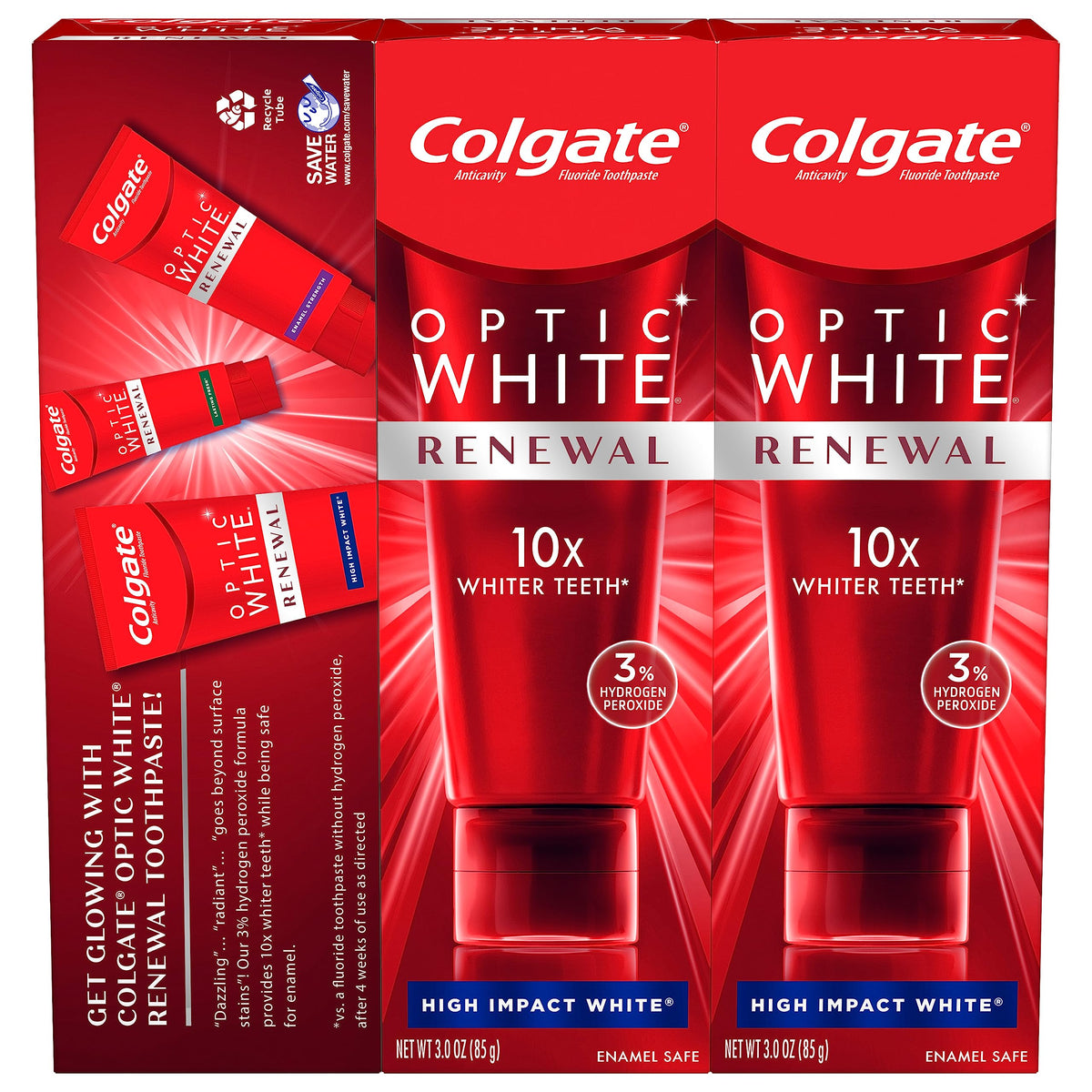 Colgate Optic White Renewal frontal mostrando los tres tubos y beneficios visibles
