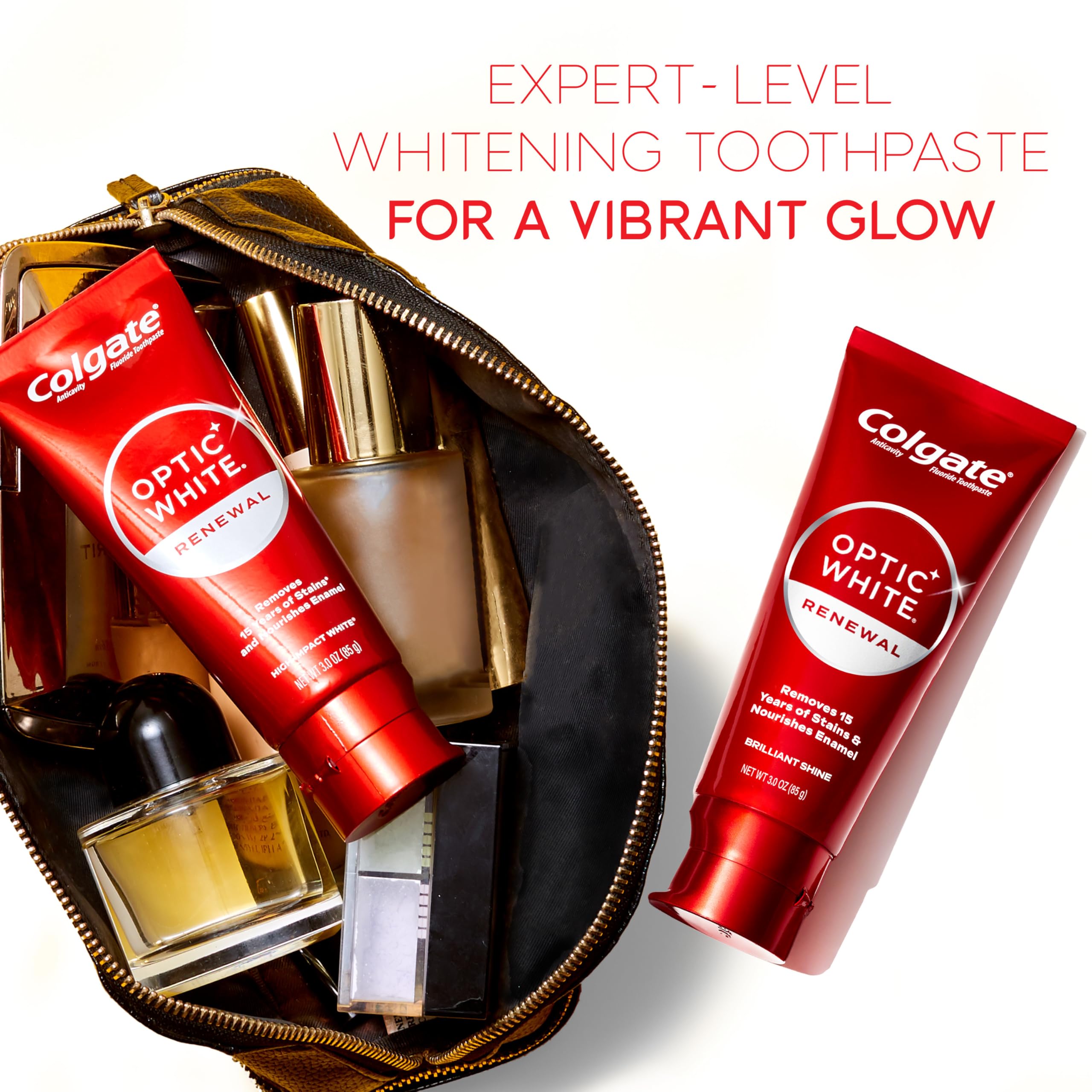 Colgate Optic White Renewal etiqueta de ingredientes indicando peróxido y fluoruro