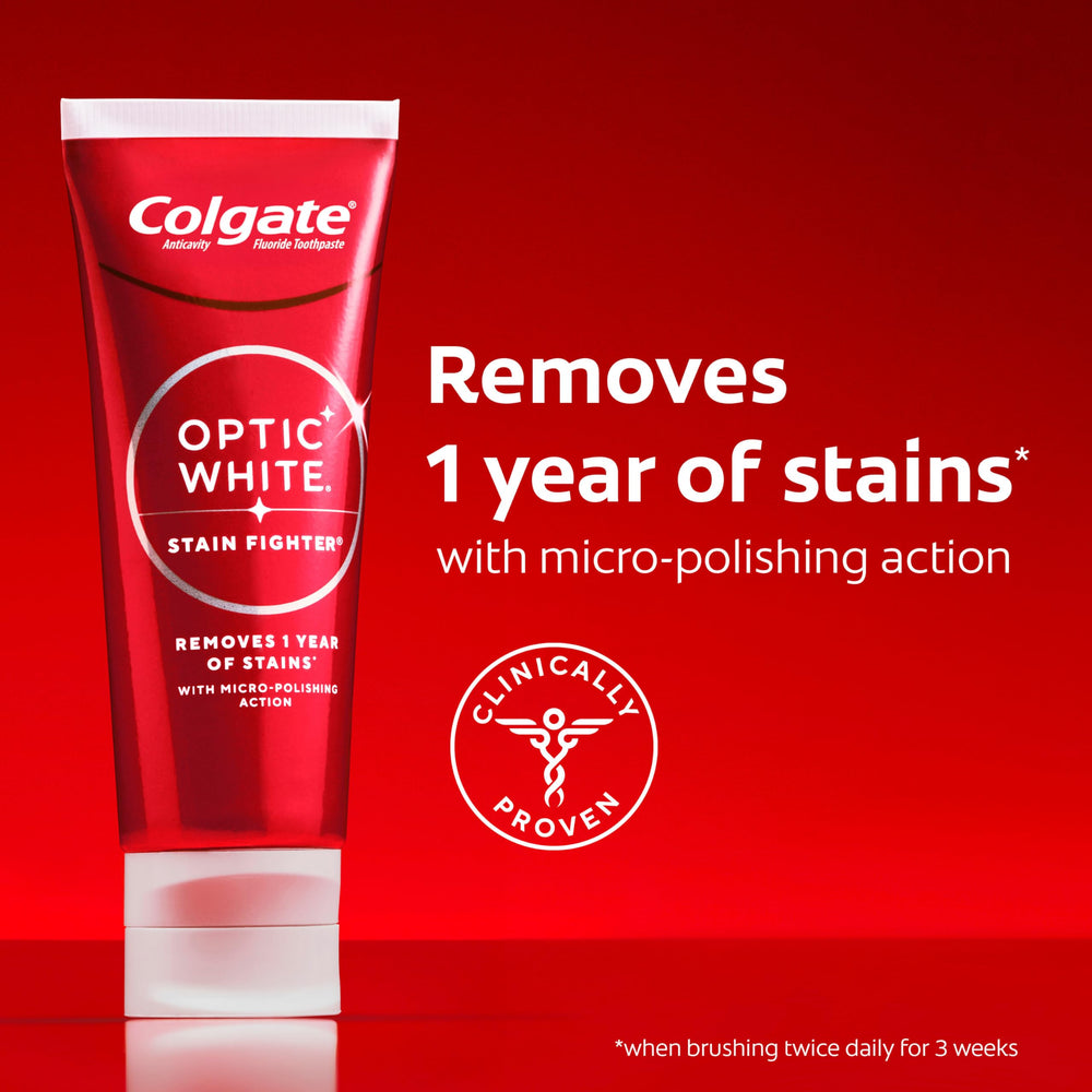 Colgate tubo en primer plano con texto de acción micro-pulidora