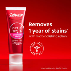 Colgate Optic White tubo cerca destacando aplicador y tamaño práctico