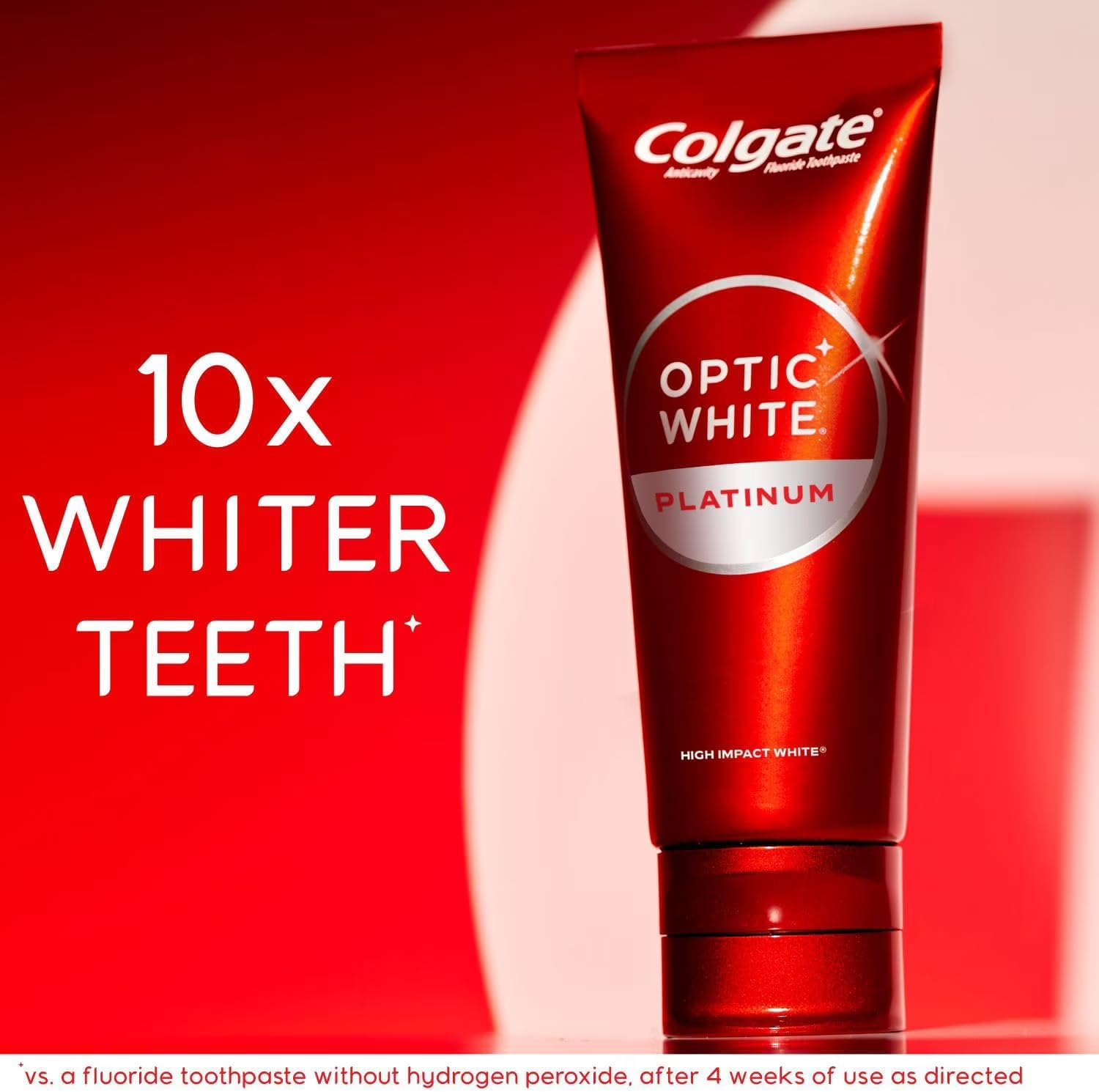 Colgate Optic White primer plano del tubo y tapa que facilita almacenamiento y viaje