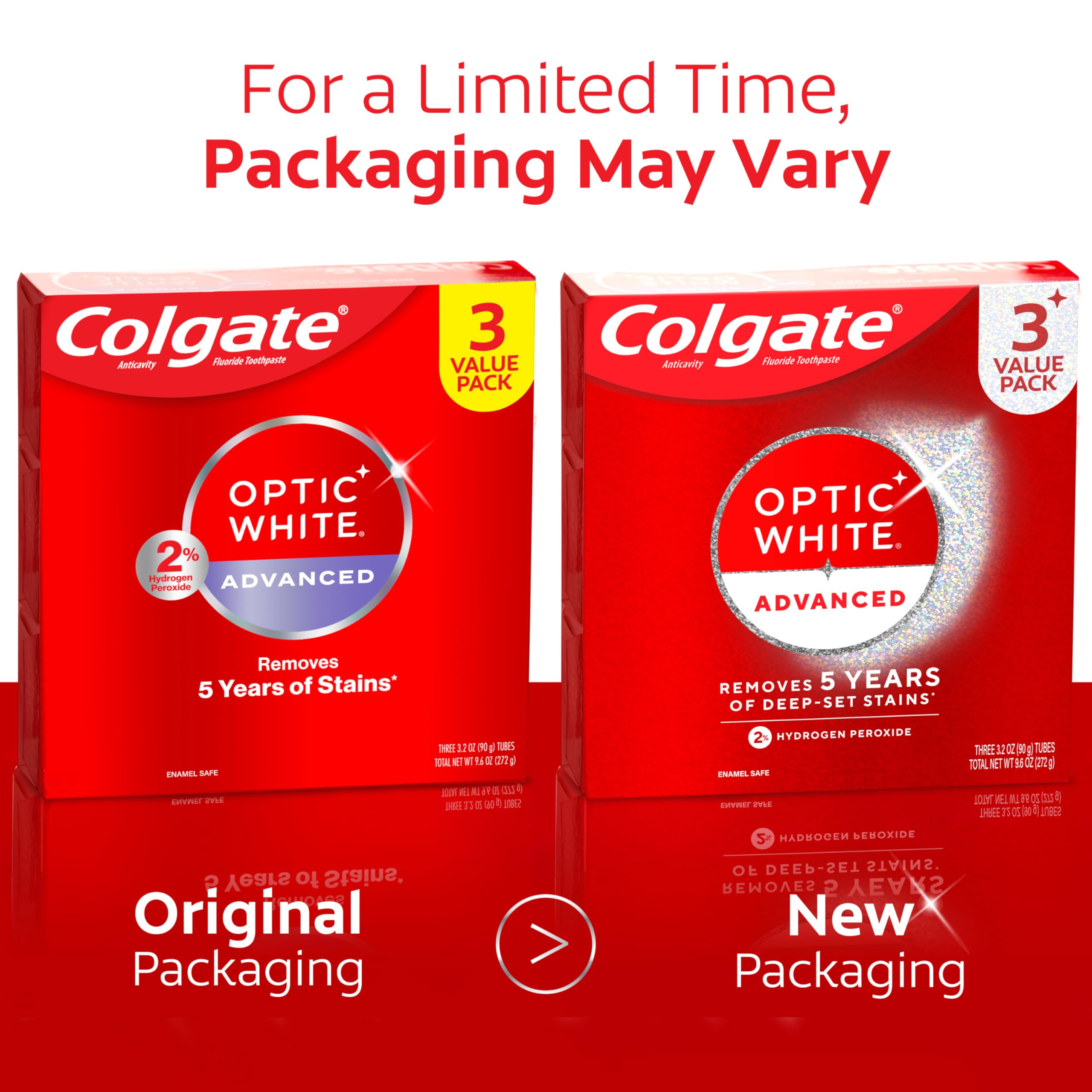 Colgate Optic White tubo en primer plano que resalta la fórmula y su acción rápida