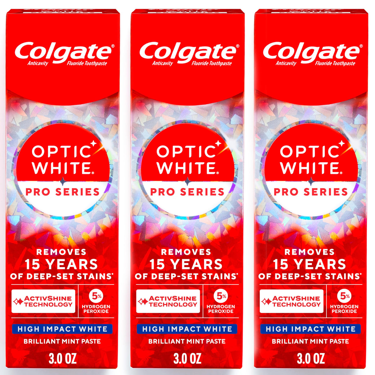 Colgate Optic White Pro Series vista frontal del paquete, presentación triple para mejor relación
