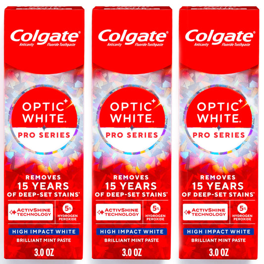 Colgate Optic White Pro Series vista frontal del paquete, presentación triple para mejor relación