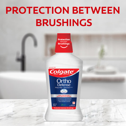 Colgate Ortho Defense detalle de etiqueta con información sobre flúor