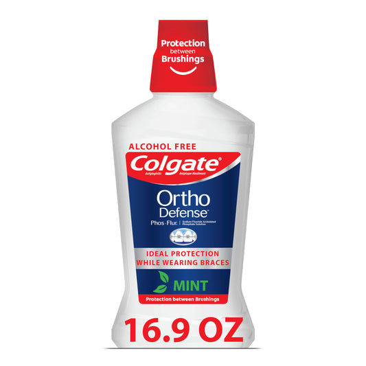 Colgate Ortho Defense frontal mostrando botella y beneficio de protección