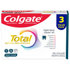 Colgate paquete frontal de 3 tubos mostrando protección y conveniencia