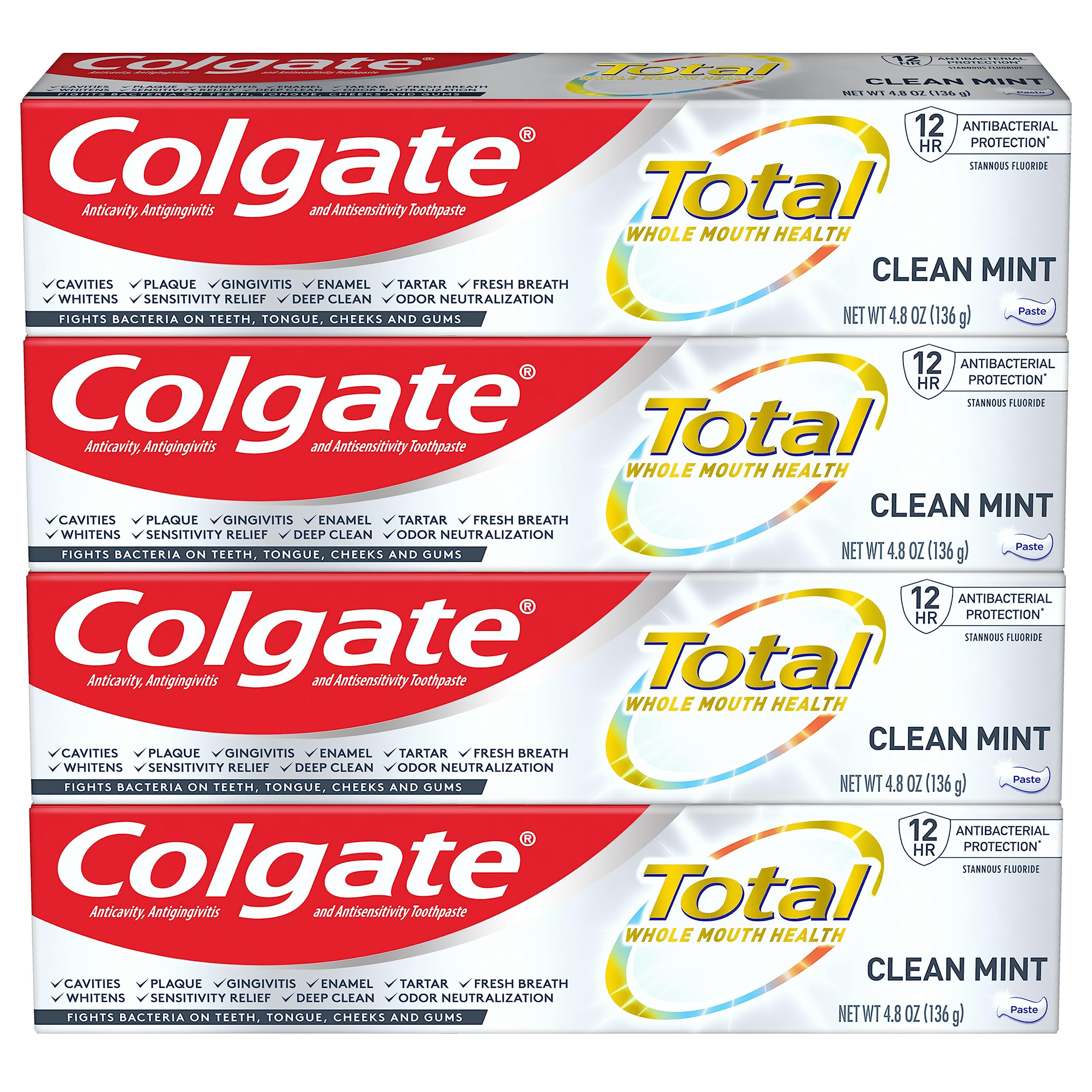 Colgate pack frontal mostrando los cuatro tubos y frescura duradera