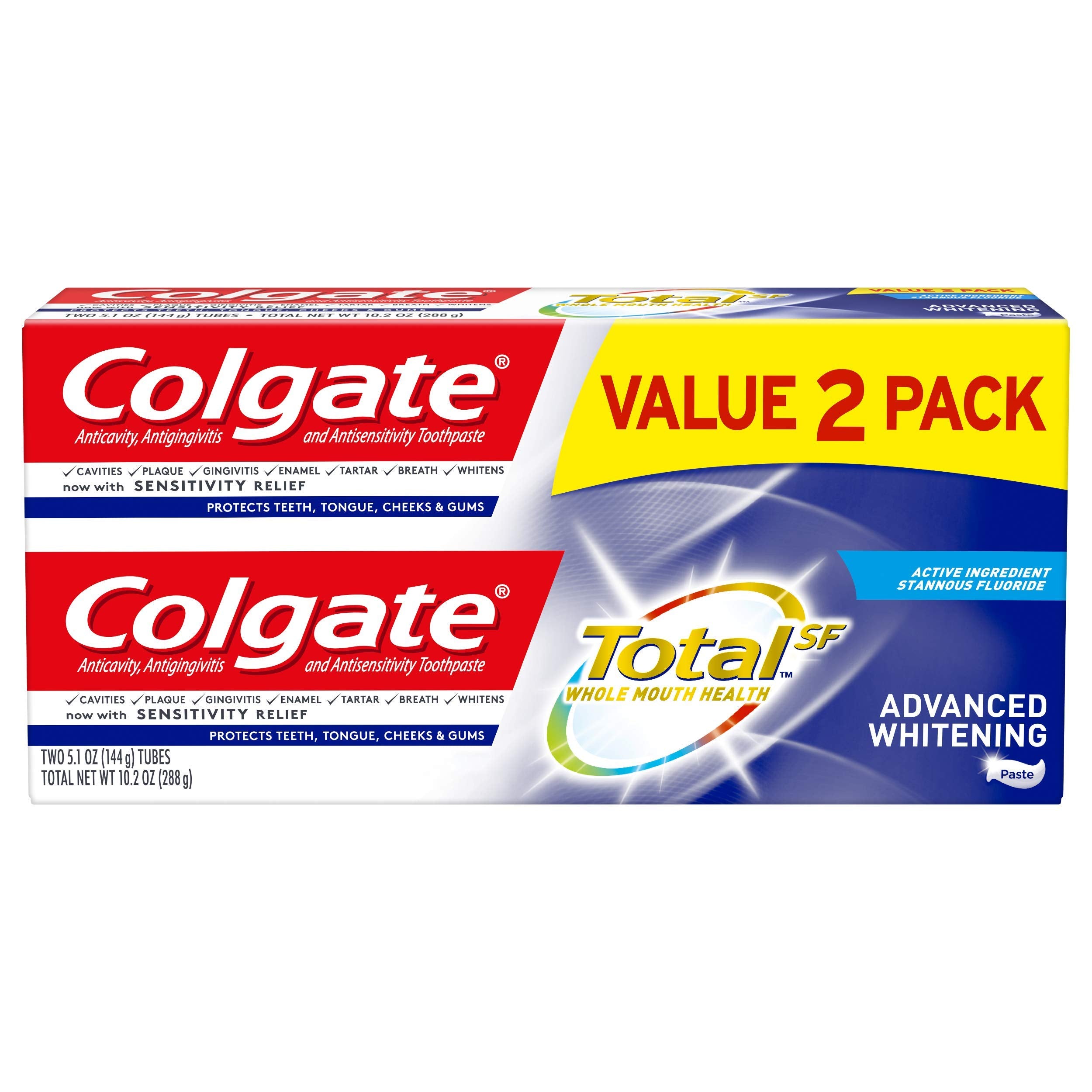 Colgate pack frontal mostrando los dos tubos y beneficio protección completa