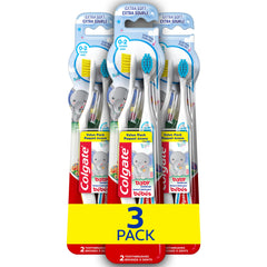 Colgate pack frontal mostrando los tres cepillos y beneficios de higiene