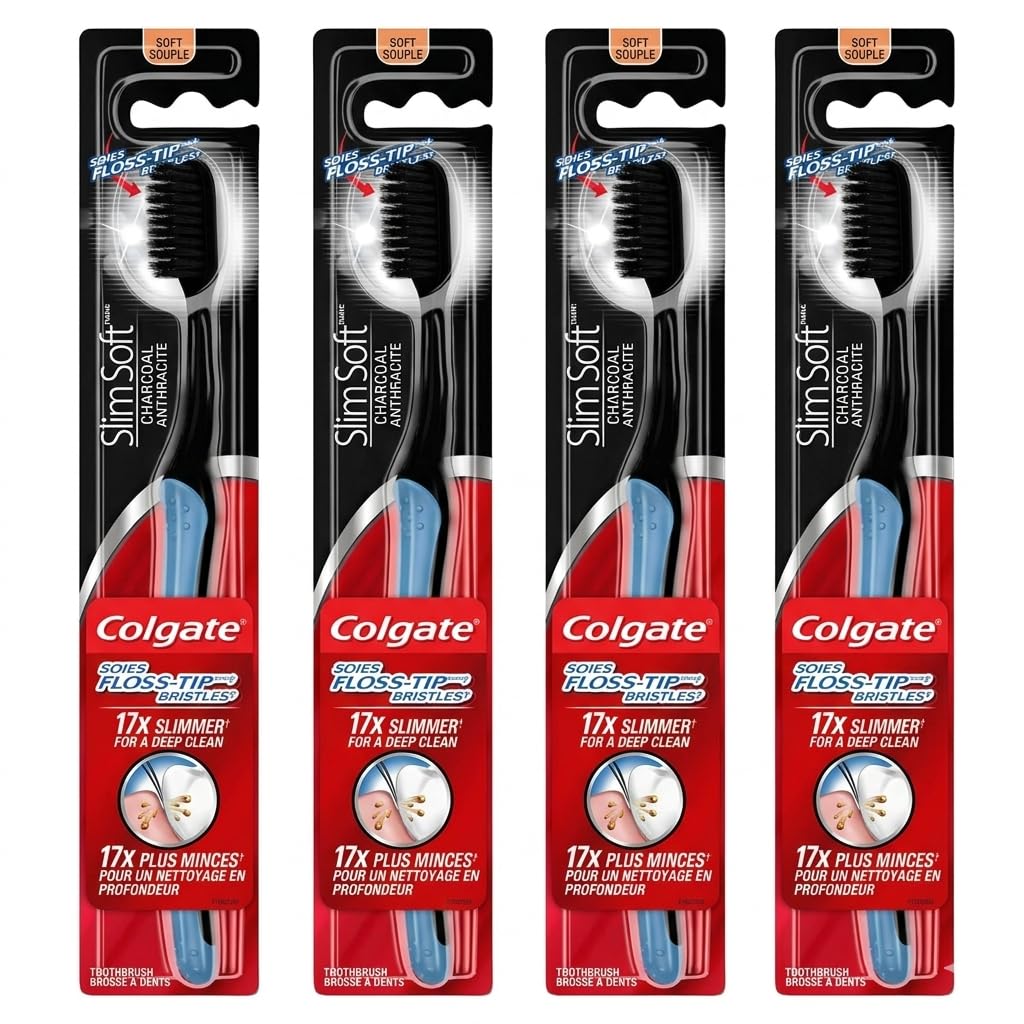 Colgate Slimsoft Charcoal frontal del empaque mostrando combo de 4 cepillos y beneficios