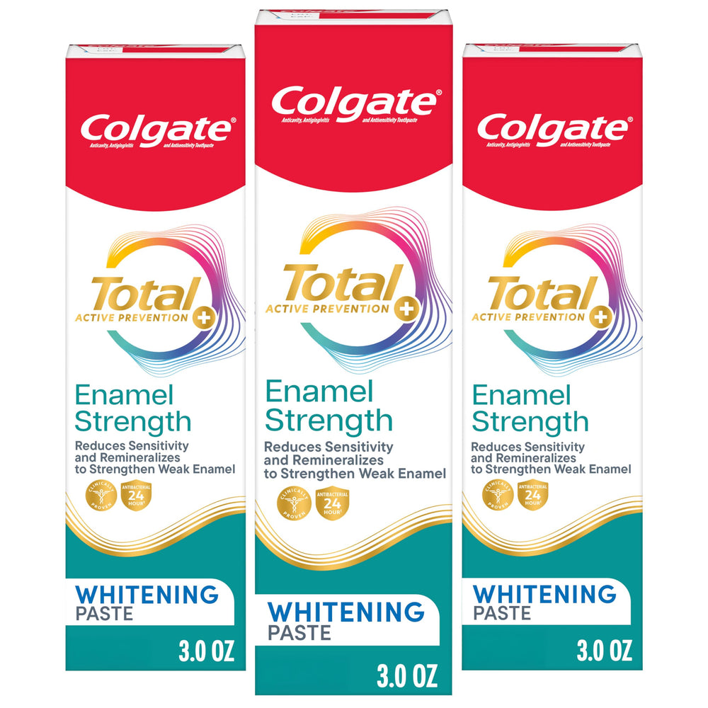 Colgate Total primer plano del empaque frontal mostrando protección y beneficio