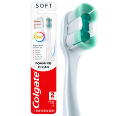 Colgate cepillo frontal paquete mostrando dos unidades y limpieza confiable
