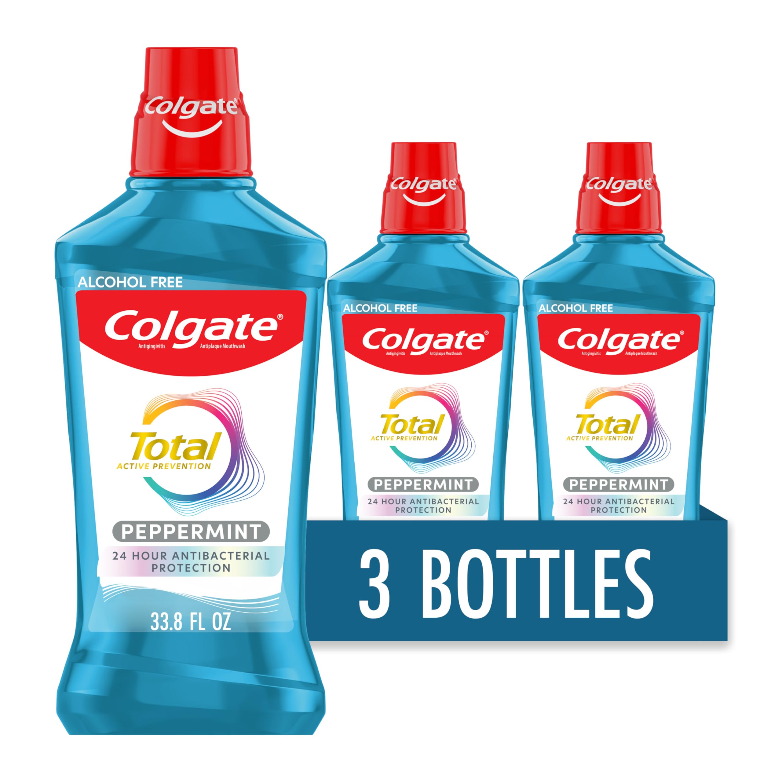 Colgate Total botella frontal mostrando diseño y beneficio de frescor