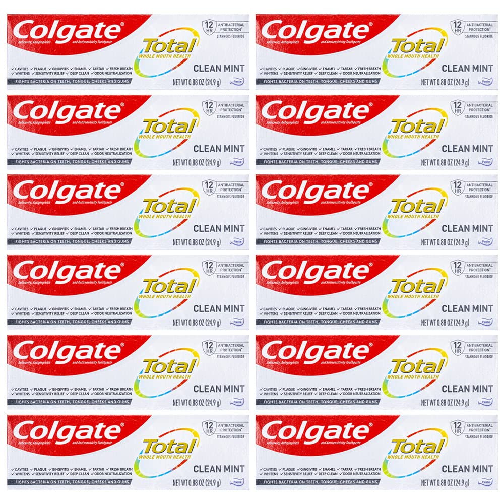 Colgate Total frontal paquete de 12 tubos mostrando conveniencia y protección