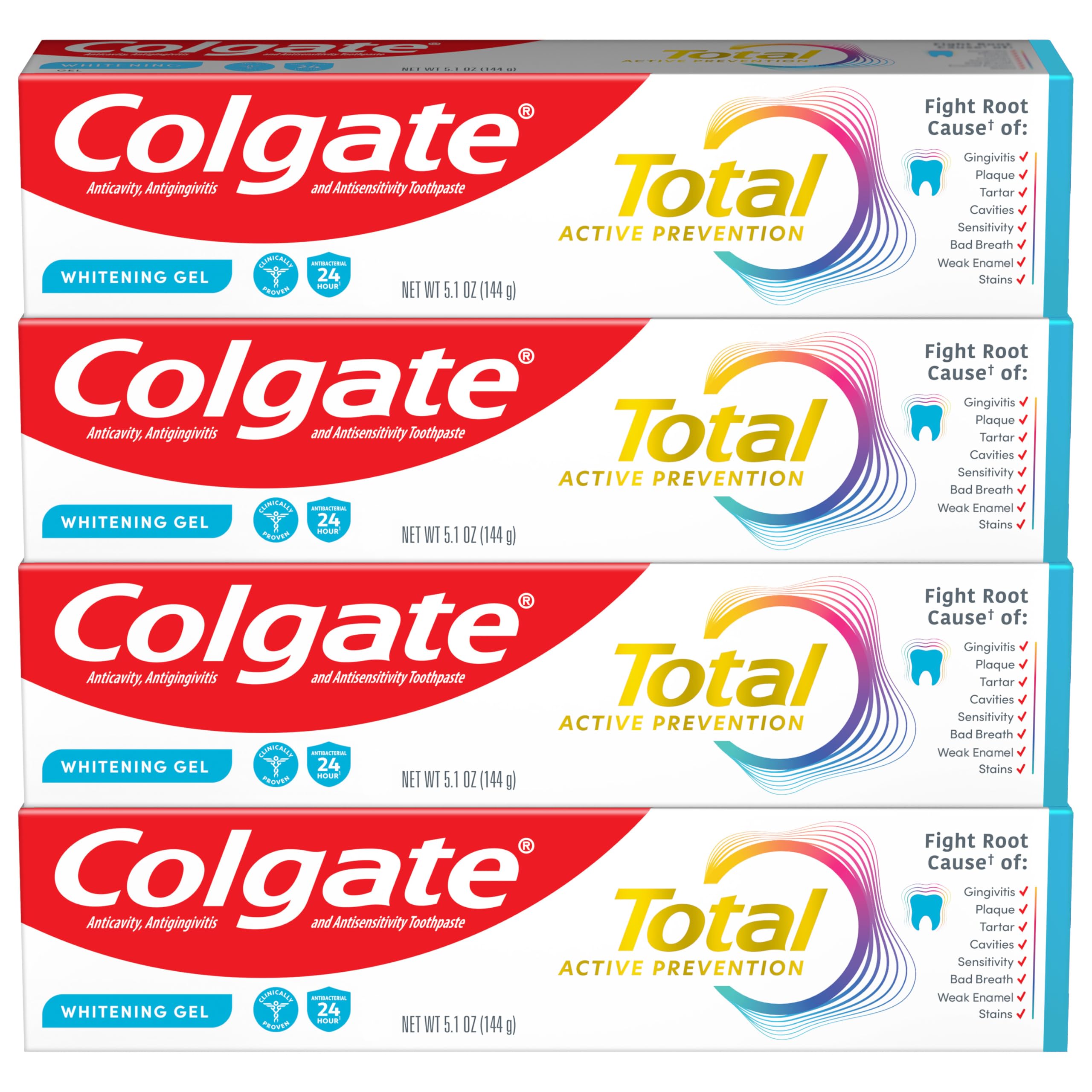 Colgate Total frontal del paquete cuatro tubos beneficios de protección