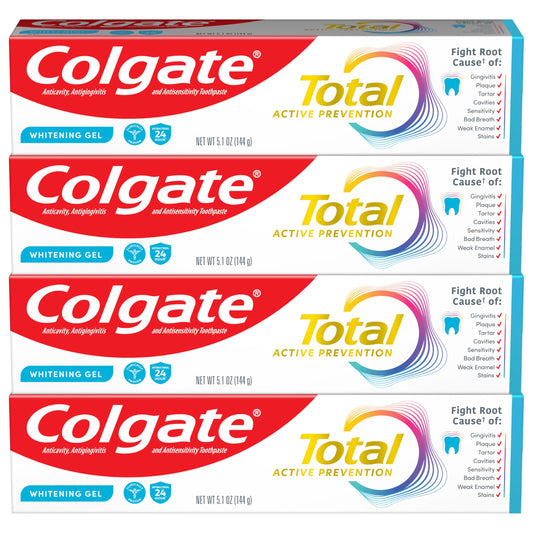 Colgate Total frontal del paquete cuatro tubos beneficios de protección
