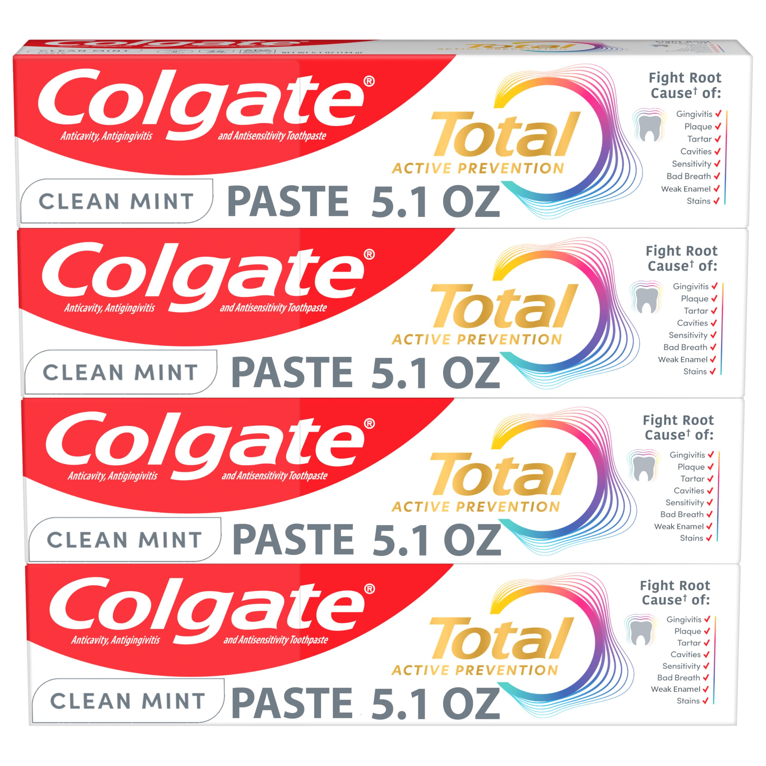 Colgate Total vista frontal del paquete con cuatro tubos mostrando valor