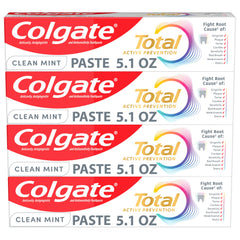 Colgate Total vista frontal del paquete con cuatro tubos mostrando valor