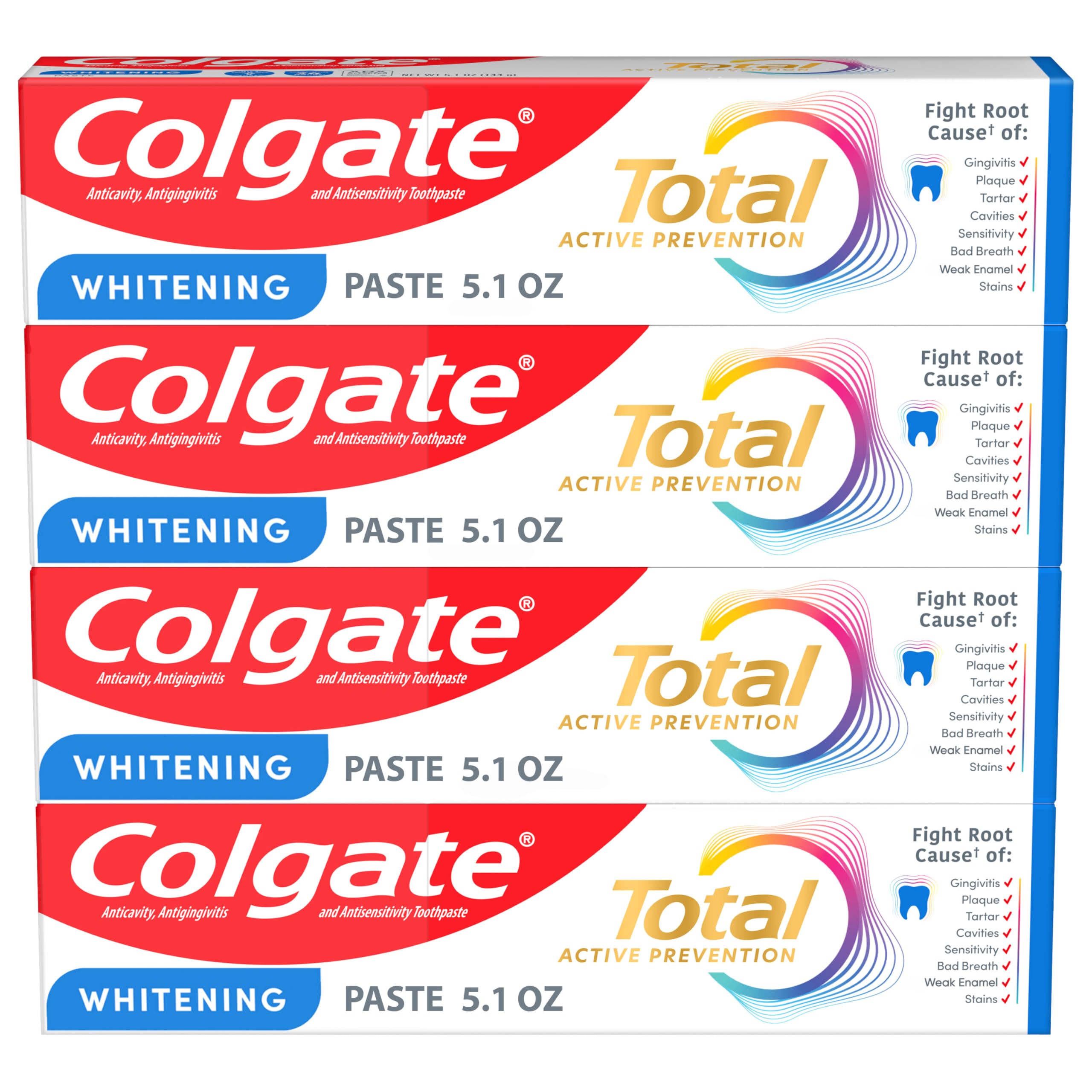 Colgate Total frontal del empaque mostrando el pack de 4 tubos y conveniencia