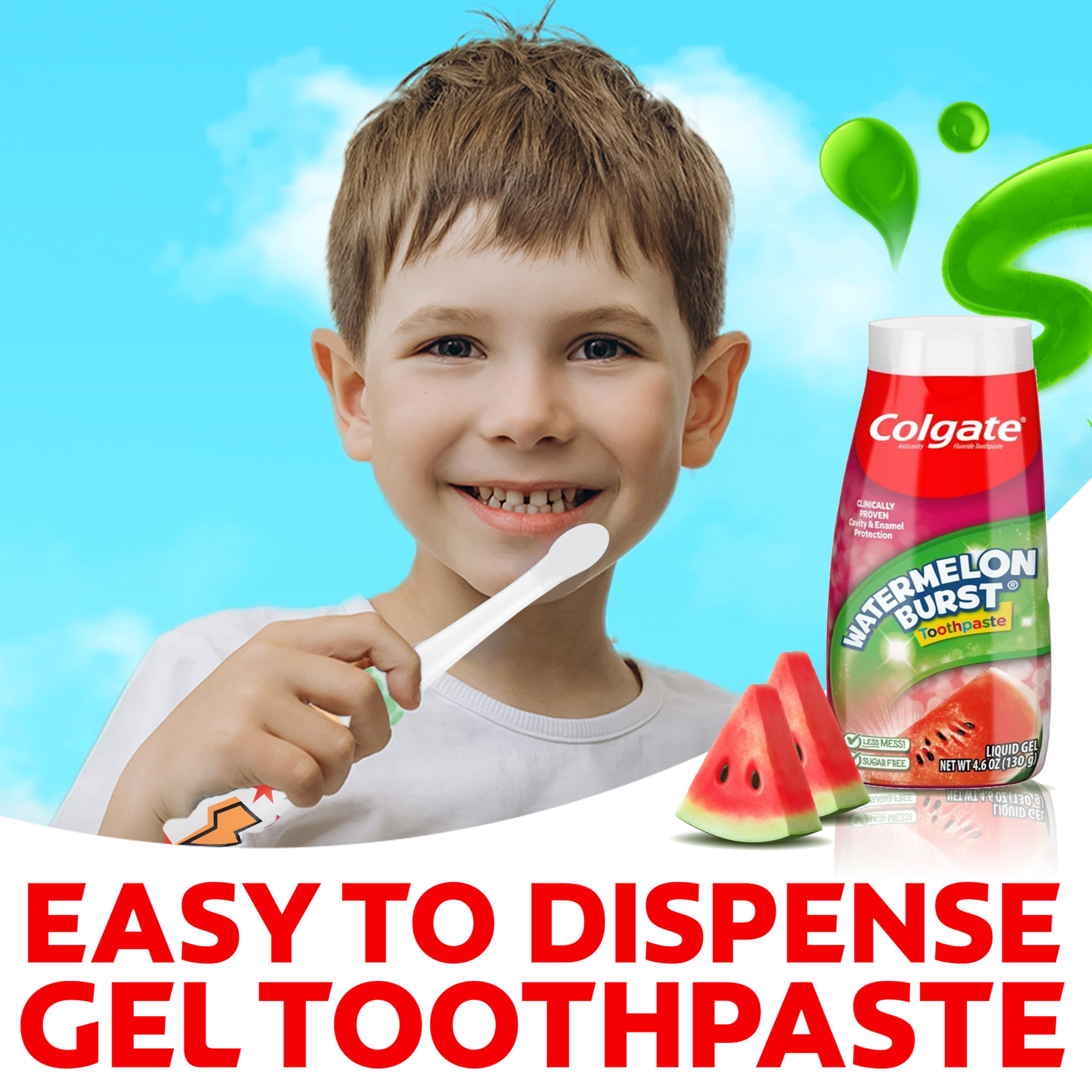 Colgate tubo abierto dispensando gel para un cepillado sencillo