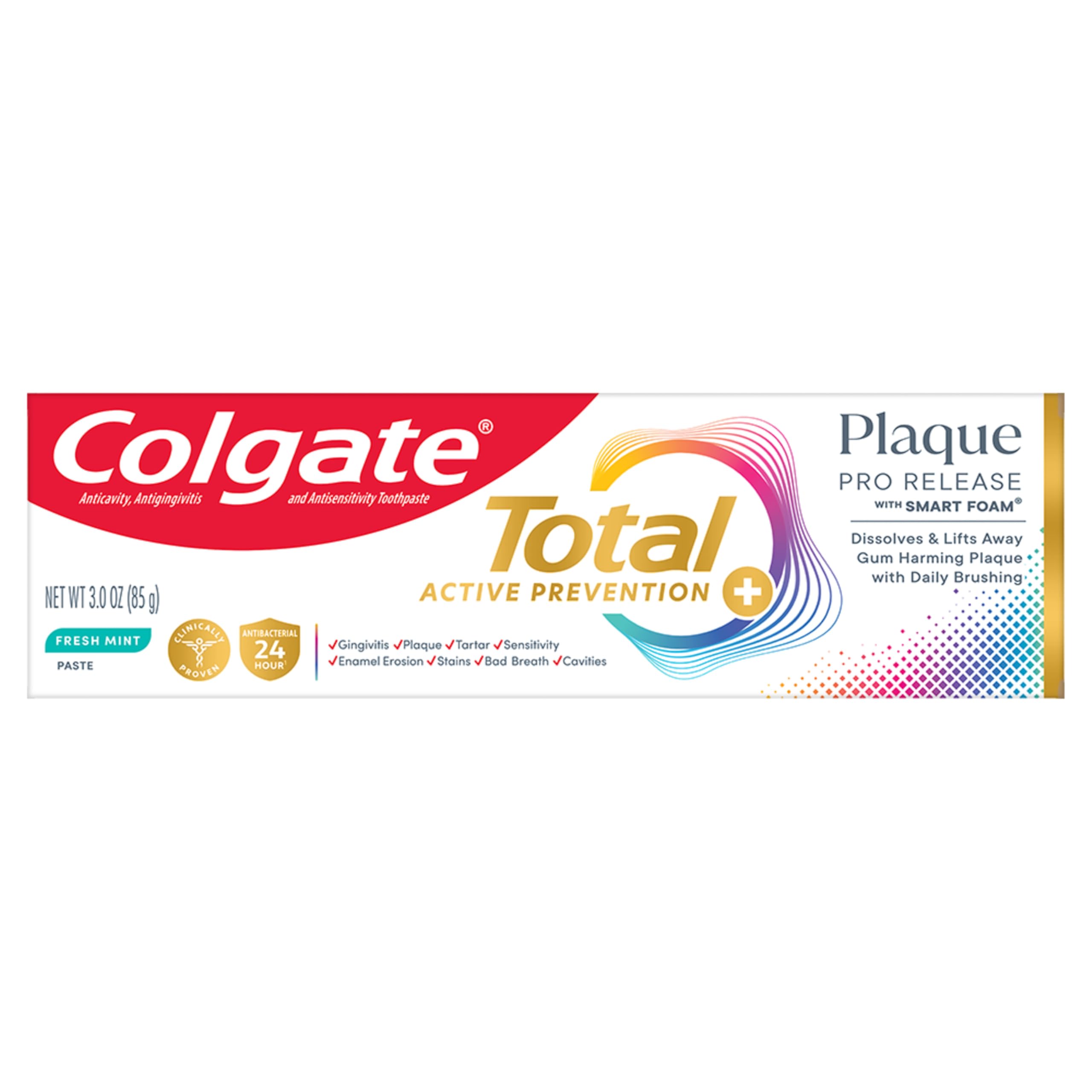 Colgate tubo frontal 3 oz mostrando diseño y beneficios para encías