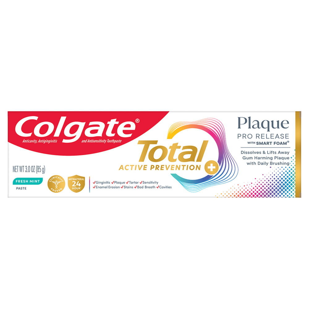 Colgate tubo frontal 3 oz mostrando diseño y beneficios para encías