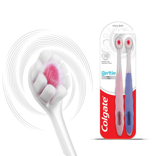 Colgate cepillo UltraFoam vista frontal, presentación de dos unidades y beneficio práctico