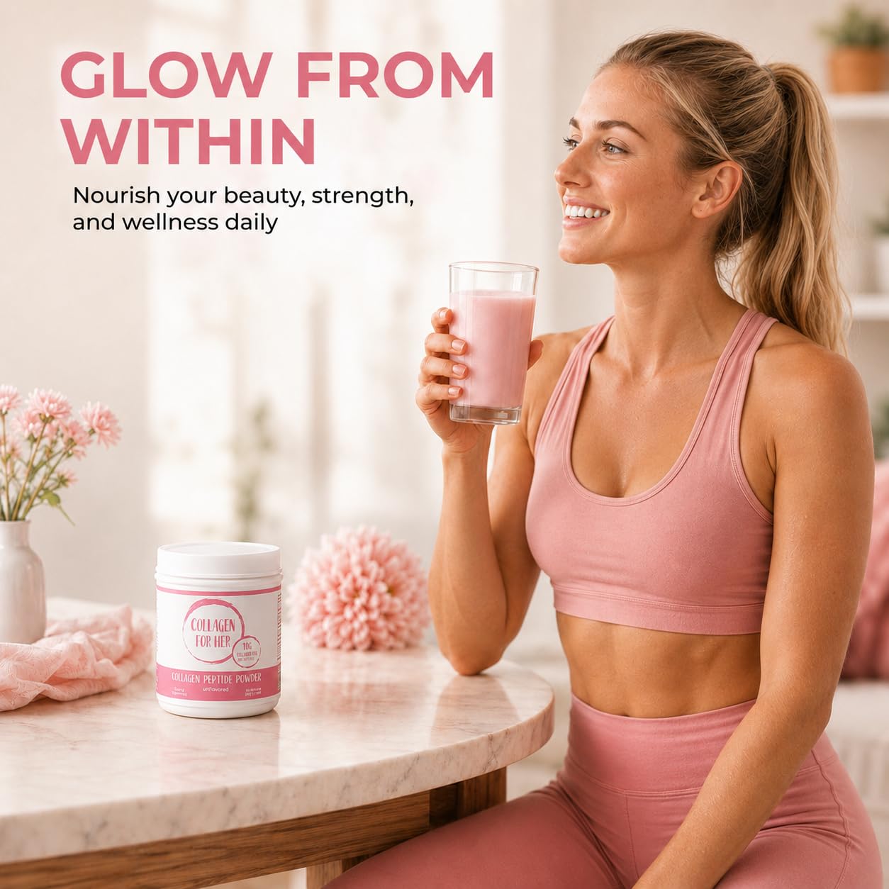 Collagen For Her mezclado en batido, integración sin sabor para comodidad diaria