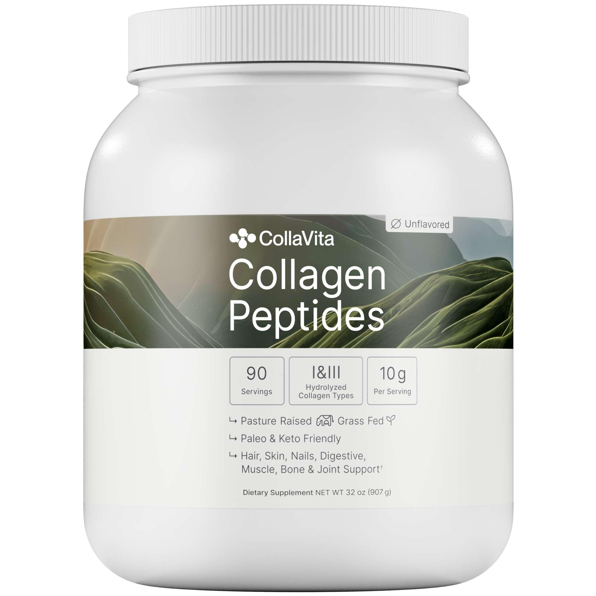 CollaVita envase frontal mostrando 32 oz y 90 porciones para confianza