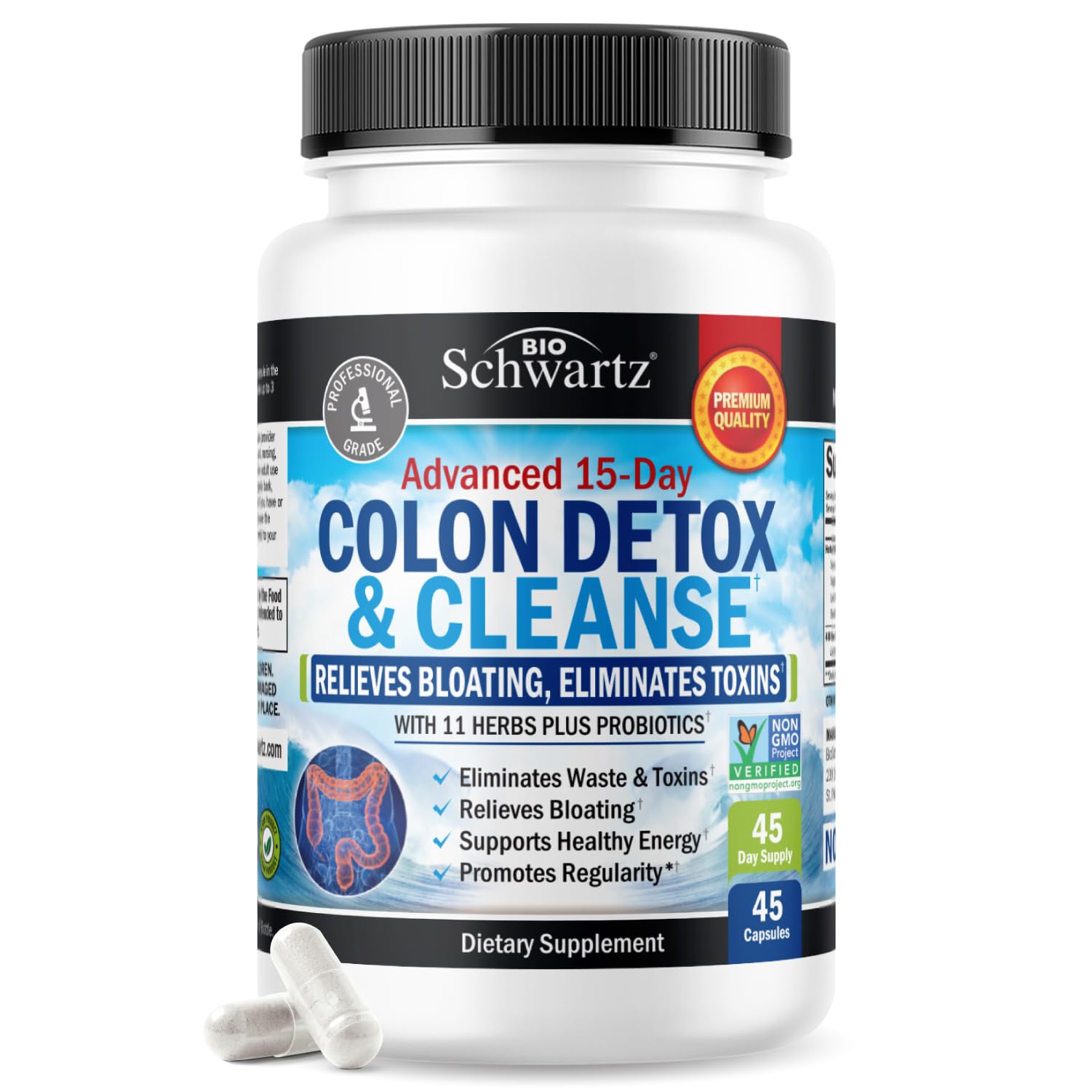 Colon Cleanser and Detox frente del envase mostrando instrucciones y beneficios principales